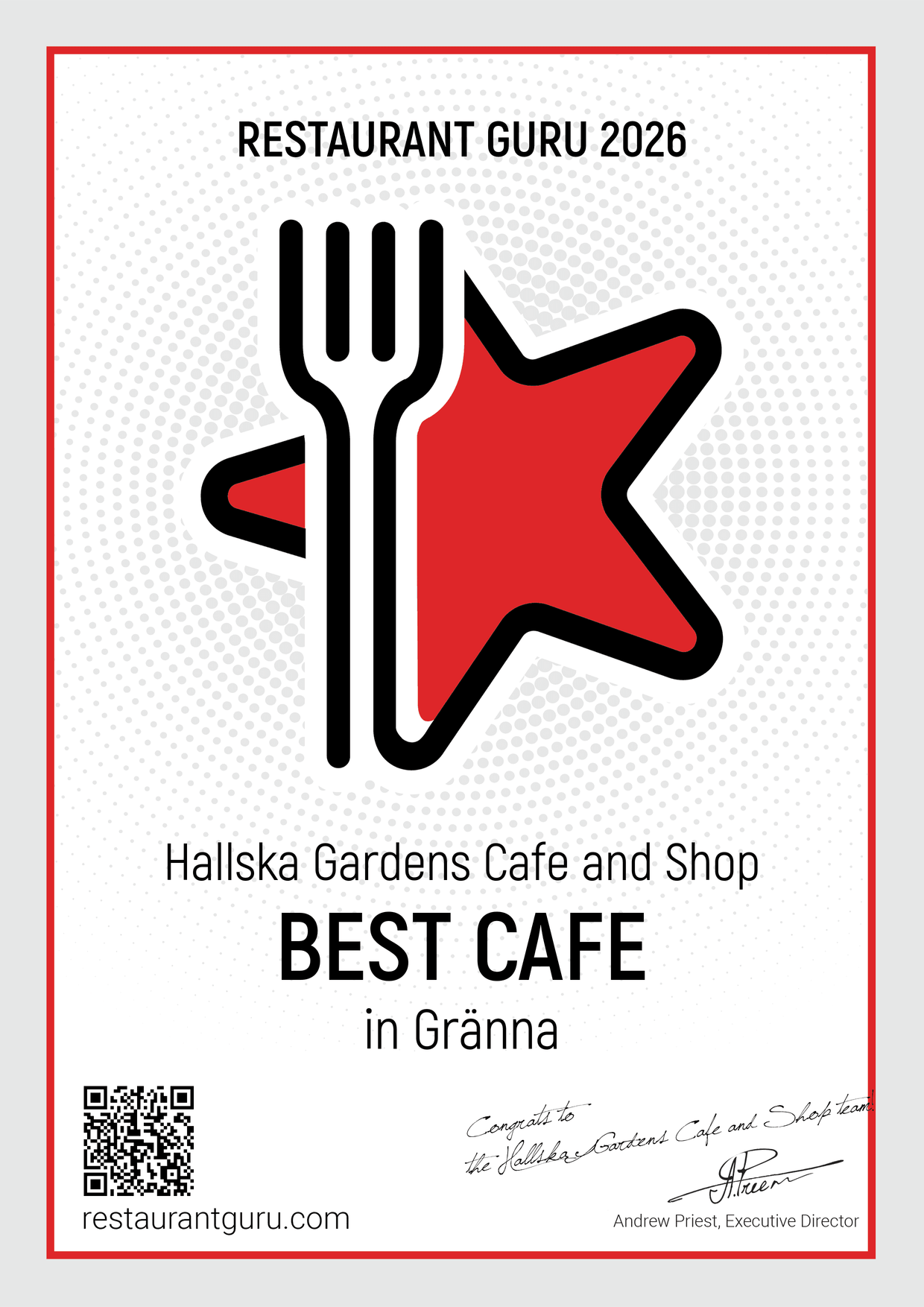 Restaurant Guru 2026-certifikat för Hallska Gardens Cafe and Shop – Best Cafe in Gränna